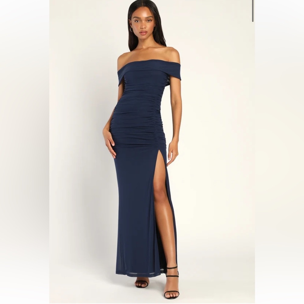 Lulu’s Revel in the Romance Mesh Off-the-Shoulder - Navy Blue (Size L)